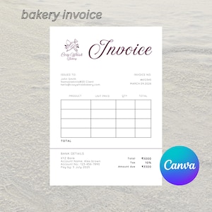 Peut inclure: Une facture de boulangerie blanche avec le texte "bakery invoice" en haut. La facture comprend le logo de la boulangerie, "Cozy Whisk Bakery", et le mot "Invoice" dans une police décorative. Les détails incluent le numéro de facture, la date et les coordonnées bancaires.