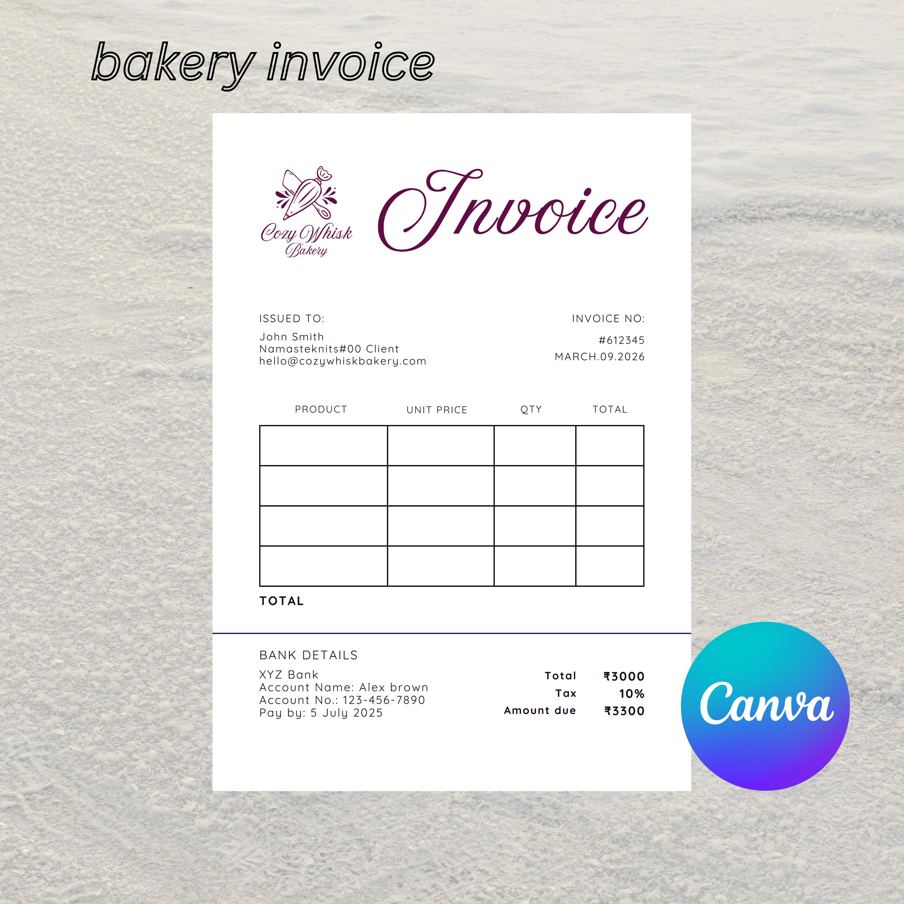 Bakery Invoice Template Canva | Custom Cake Order Invoice | Editable ...