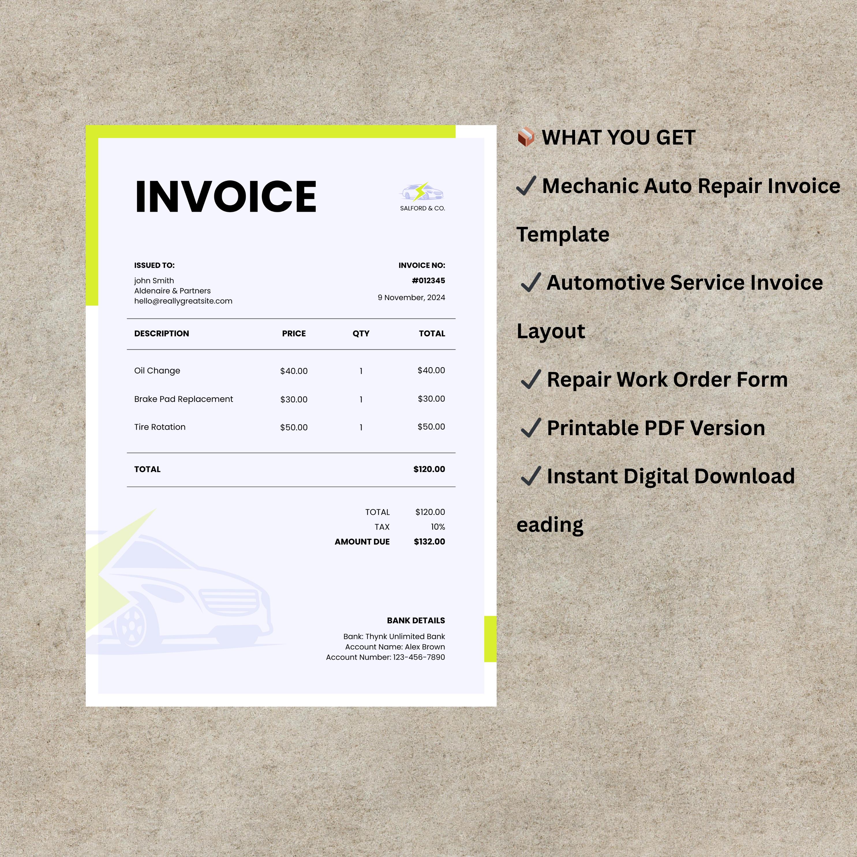 Mechanic Auto Repair Invoice Template | Editable Automotive Service ...