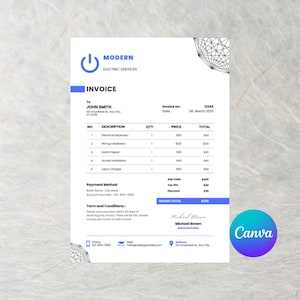 May include: A modern electric services invoice with a blue and white design. The invoice includes details for electrical inspection, wiring installation, switch repair, socket installation, and labor charges. The invoice is addressed to John Smith.