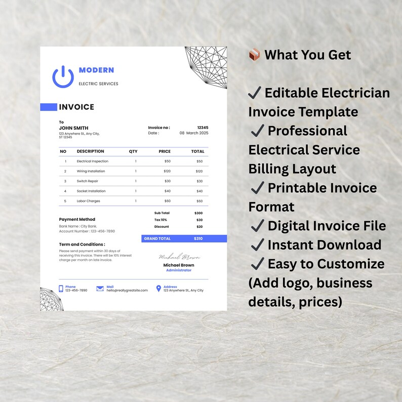 Electrician Invoice Template | Editable Electrical Service Invoice ...