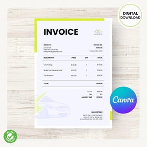 May include: A digital invoice template with a white background, lime green accents, and a car graphic. The invoice includes fields for description, price, quantity, and total. The text "INVOICE" is prominently displayed.