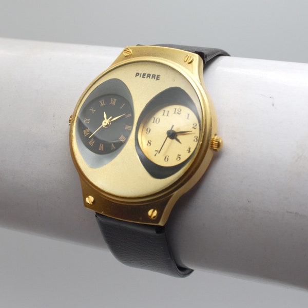 Vintage wristwatch mod retro style dual dial analog time display brass gold tone Pierre Quartz watch Japan movement