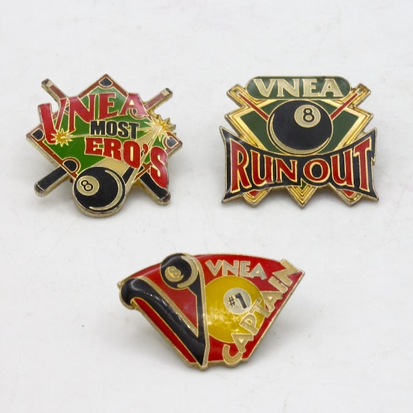 Pool league competitors brass enamel pins (3) VNEA 8 Ball runout Captain Most ERO's