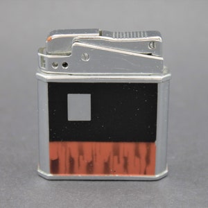 Vintage mid-century lighter chrome cool mod brown orange flint spark refillable fuel Windproof Japan serviced