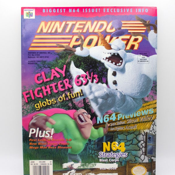 Nintendo Power 1997 issue Clay Fighter 63 1/3 Hexen Turok Mega Man Database War Gods Donkey Kong NES N64 vintage issue Vol 97 June 1997