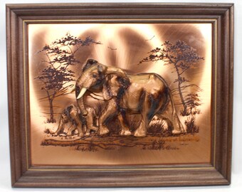 Vintage 1970s Copper Wall Art African Tusked Elephants 3D