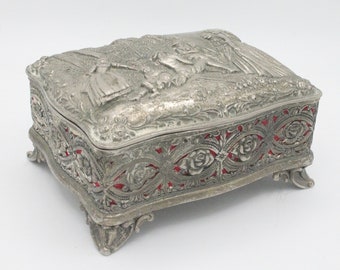 Vintage mid-century pewter jewelry keepsake hinged box red velvet lined Renaissance outdoor gathering scene relief