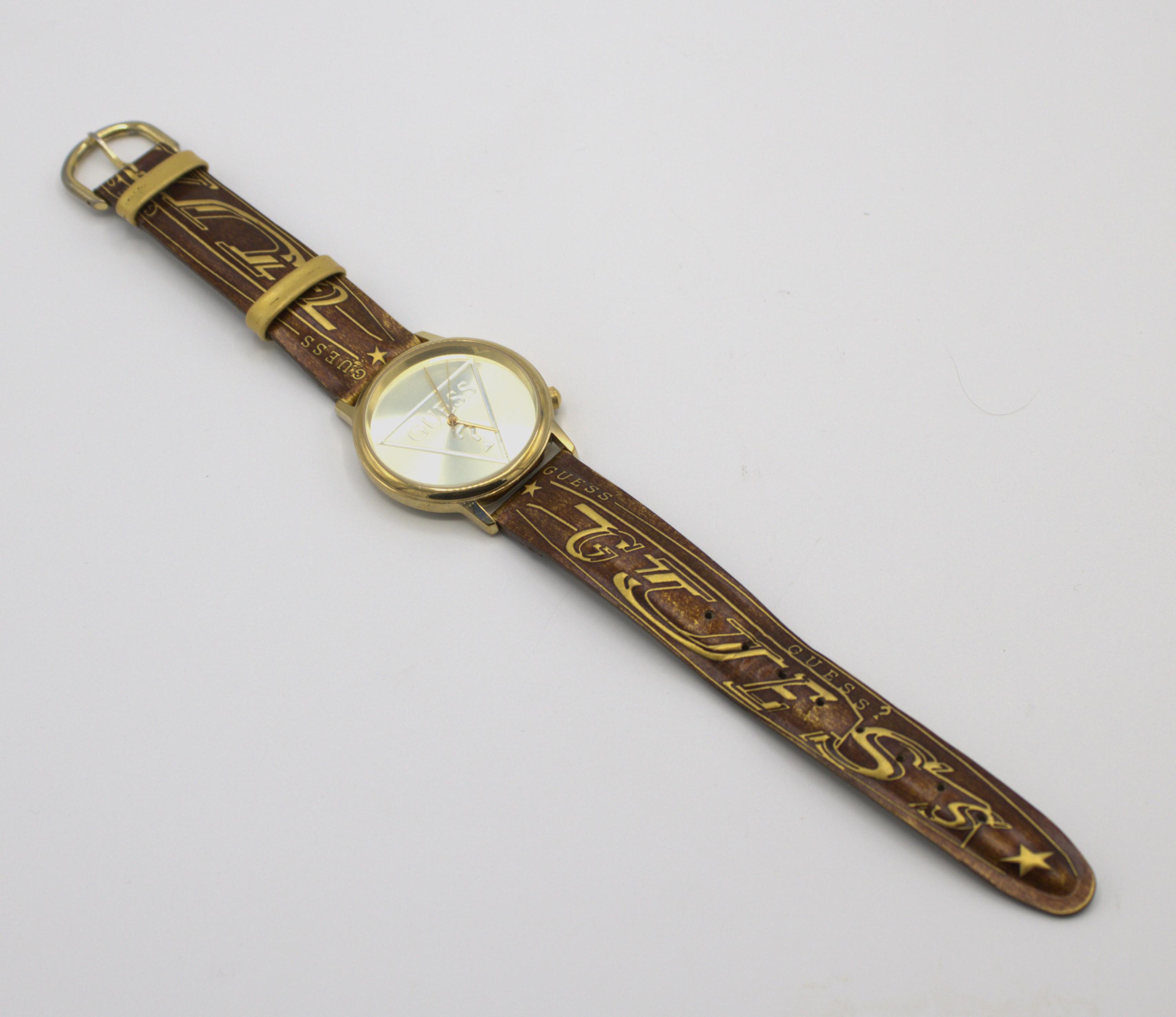 Vintage 1990s Guess Watch Gold Tone Case Analog Dial With 