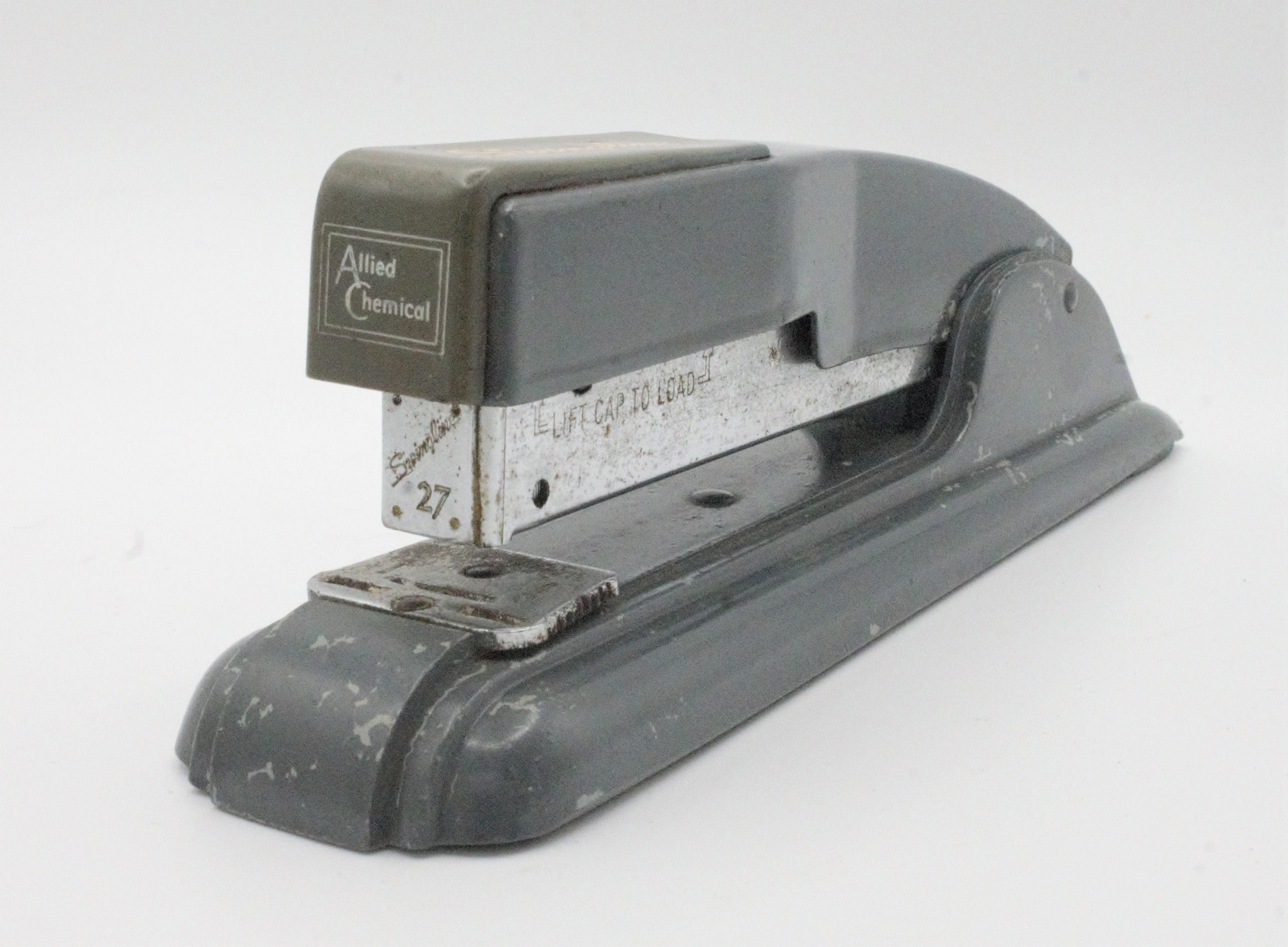 Vintage Swingline 27 stapler Allied Chemical logo commercial office gray mid-century Art Deco style