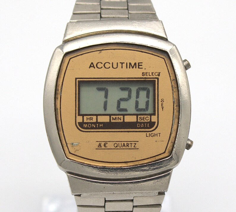 Vintage 1980s digital watch Accutime chrome silver stainless steel band LCD quartz 80s fashion image 4
