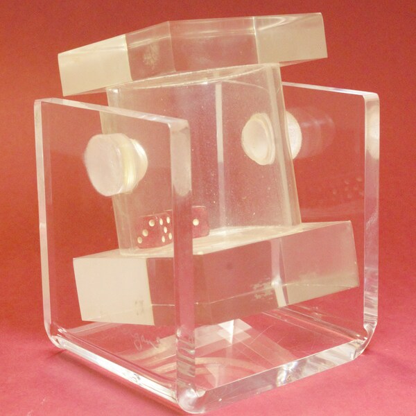 Vintage Lucite dice roller game piece clear with red dice transparent plastic spinner die roll board games Morgan Designs