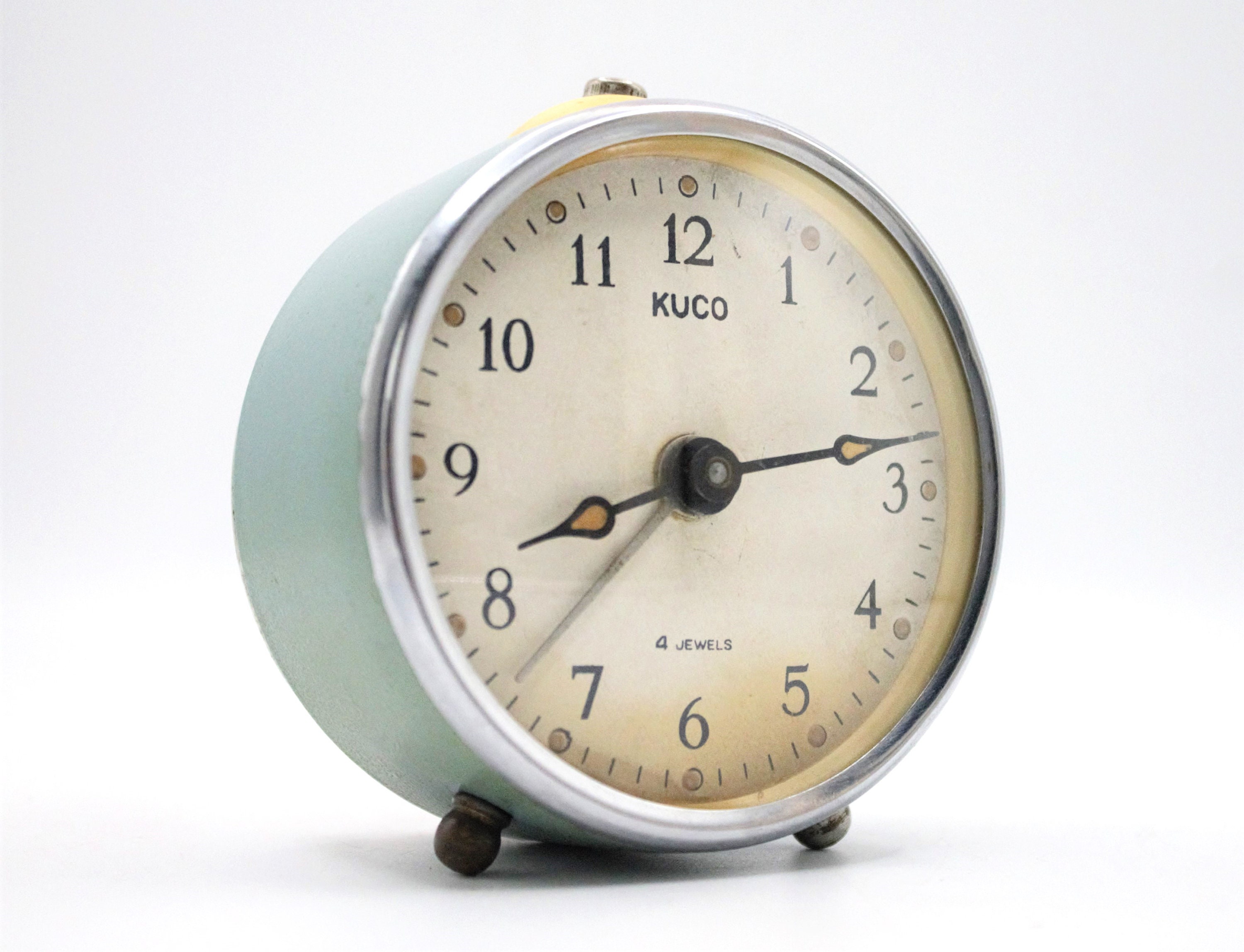 Vintage Mid-century Alarm Clock Blue Metal Chrome Ball