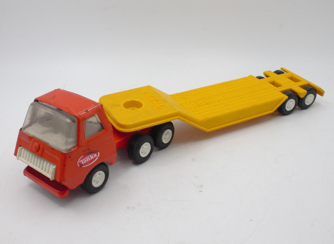 Vintage 70s Tonka Toy Truck Flat Bed Semi Trailer Steel Orange Cab