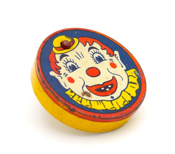 Vintage 1940s Clown Tin Toy Noise Maker Spinning Clacker Brightly
