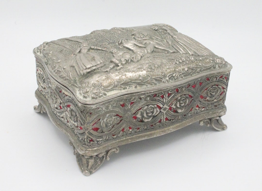 Vintage Midcentury Pewter Jewelry Keepsake Hinged Box Red Etsy