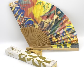 Vintage hand fan 1996 Olympic Games Atlanta Centennial full color athletes mural fabric wood accordion folding Zephyr Fans in box