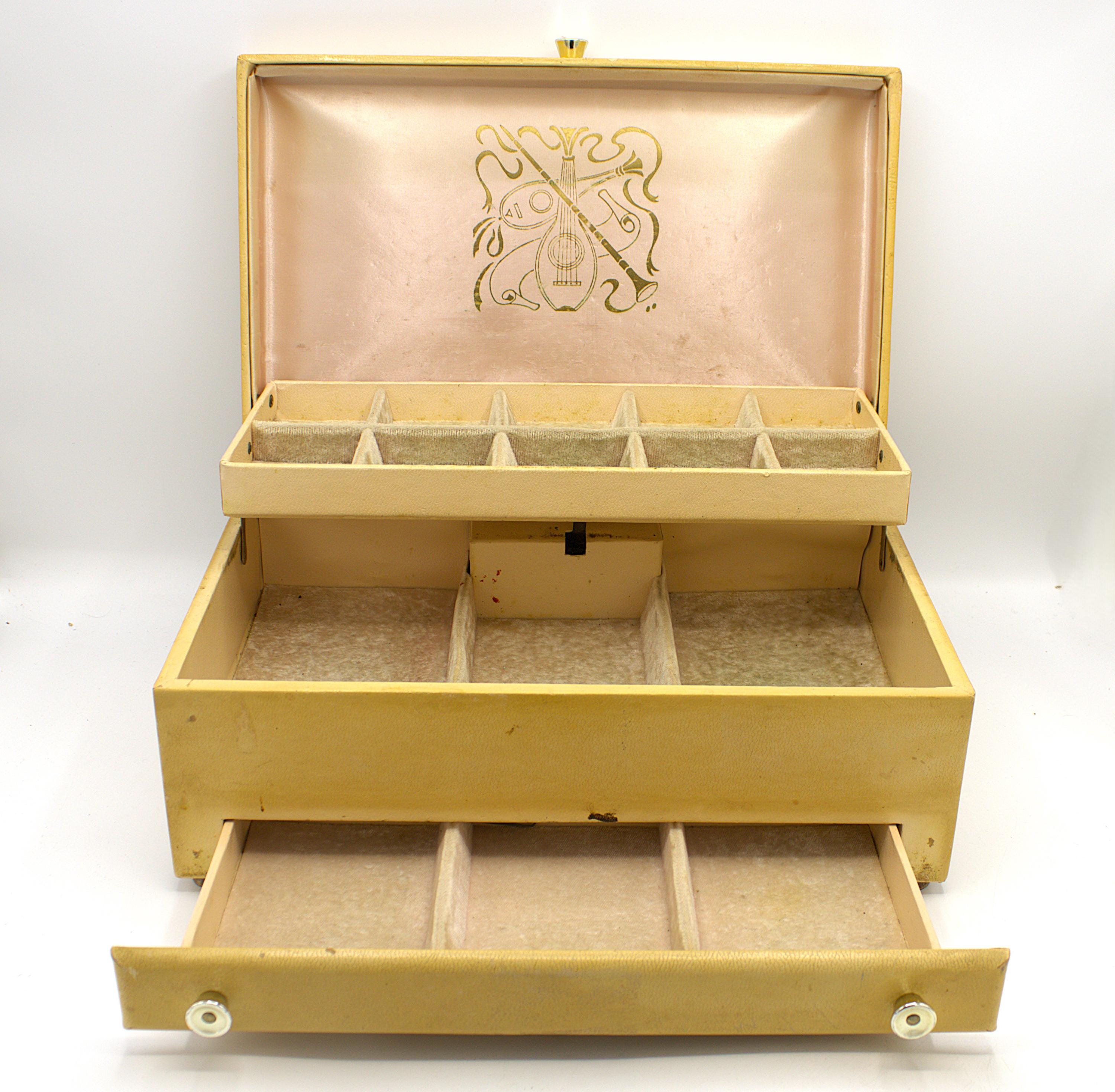 Vintage Lady Buxton Midcentury Musical Jewelry Box Yellow Vinyl