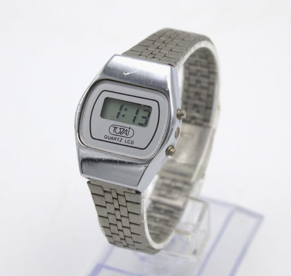 Vintage 1980s Tozai digital wristwatch LCD quartz chrome silver stainless-steel band