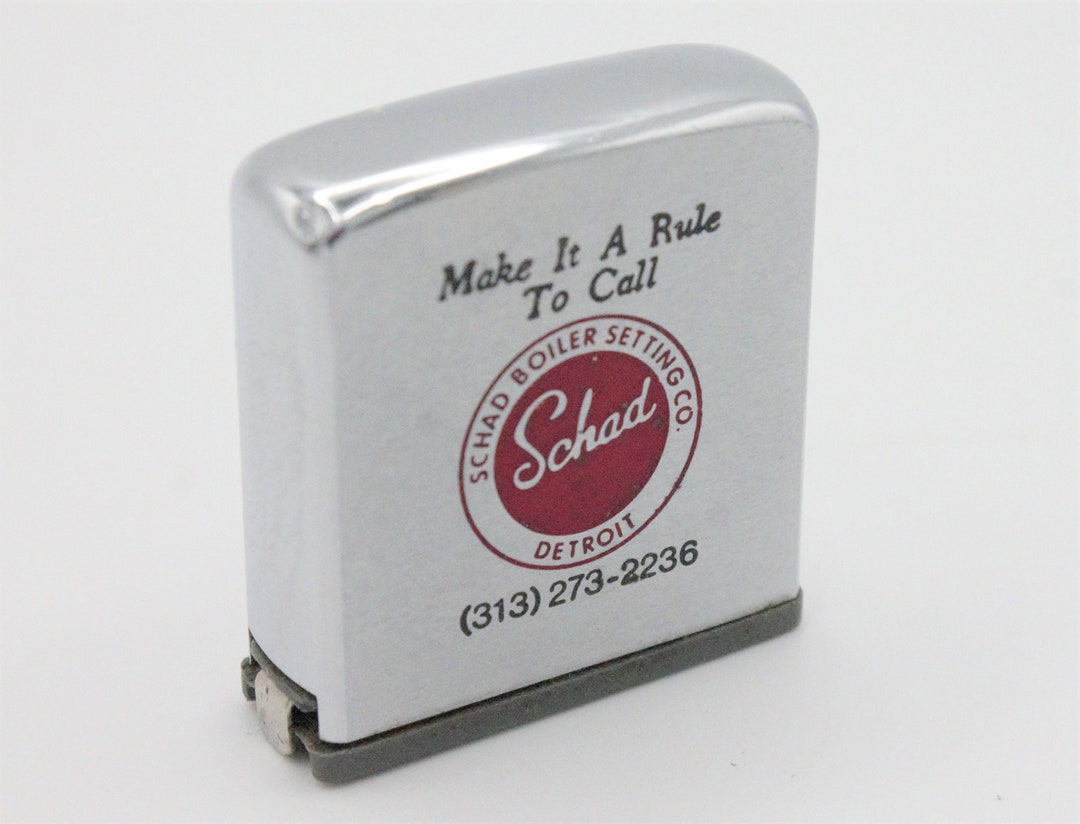 Vintage 1950s Zippo Tape Measure Chrome White Metal Mini Pocket