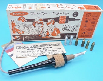 Vintage wood burning tool Rapco Burn Rite Professional Electric Pen Set branding burn iron in complete in box +7 tips