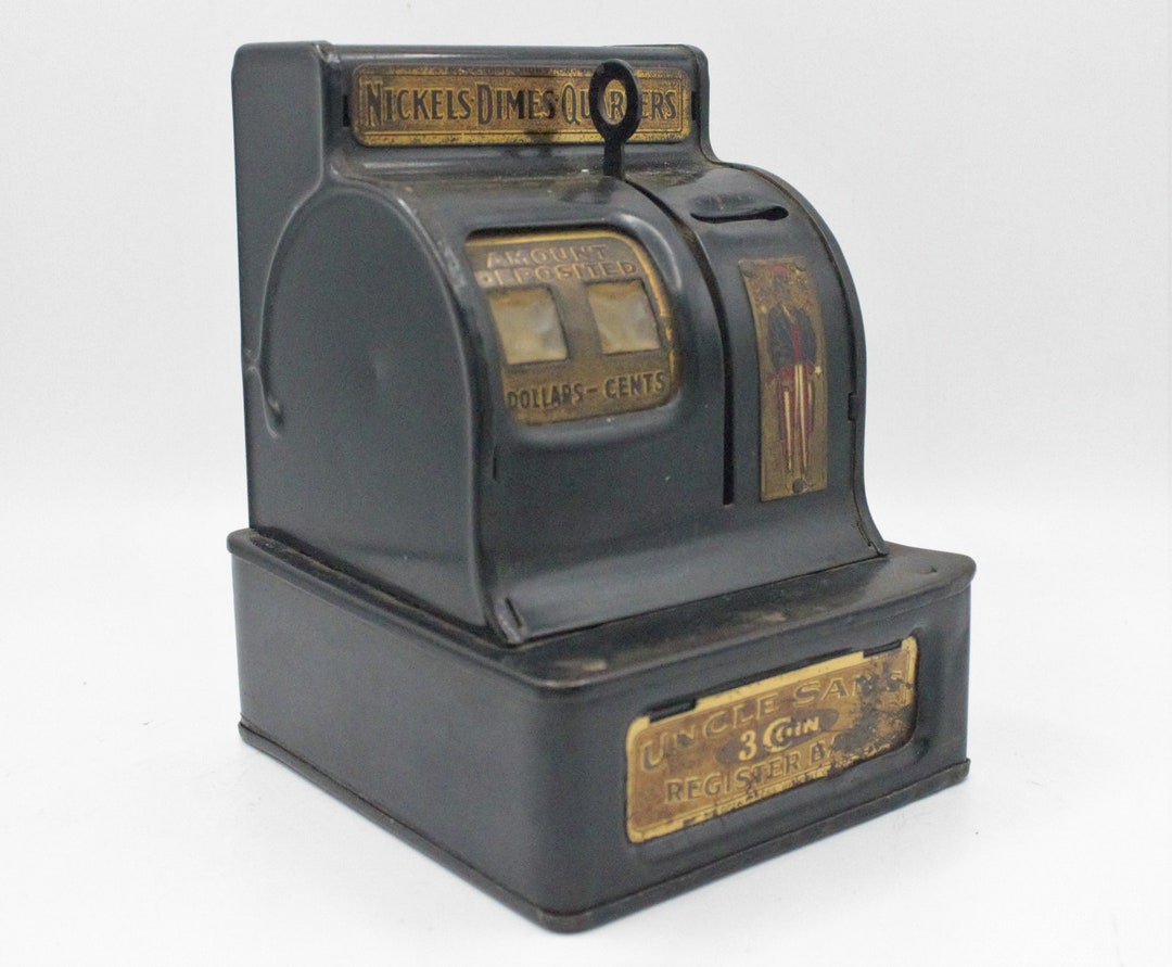 Vintage Uncle Sam's Cash Register 3 Coin Counting Bank Steel and Brass