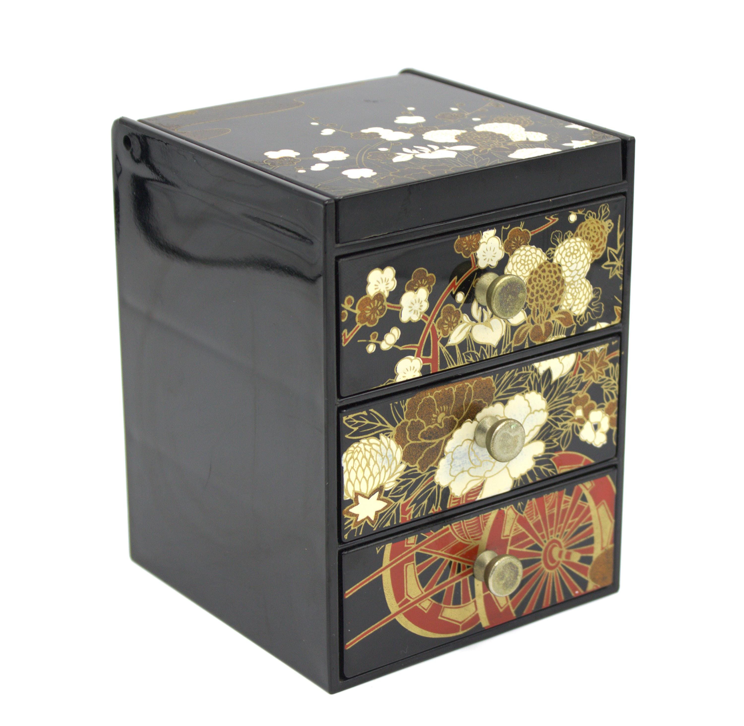 Vintage Japanese jewelry box Asian style mini jewel cabinet three drawer vanity mirror black with gold accent floral design Japan