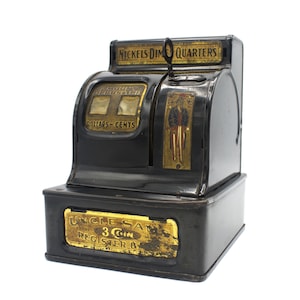 Vintage Uncle Sam&#39;s Cash Register 3 coin counting bank steel and brass antique style in black complete very early edition