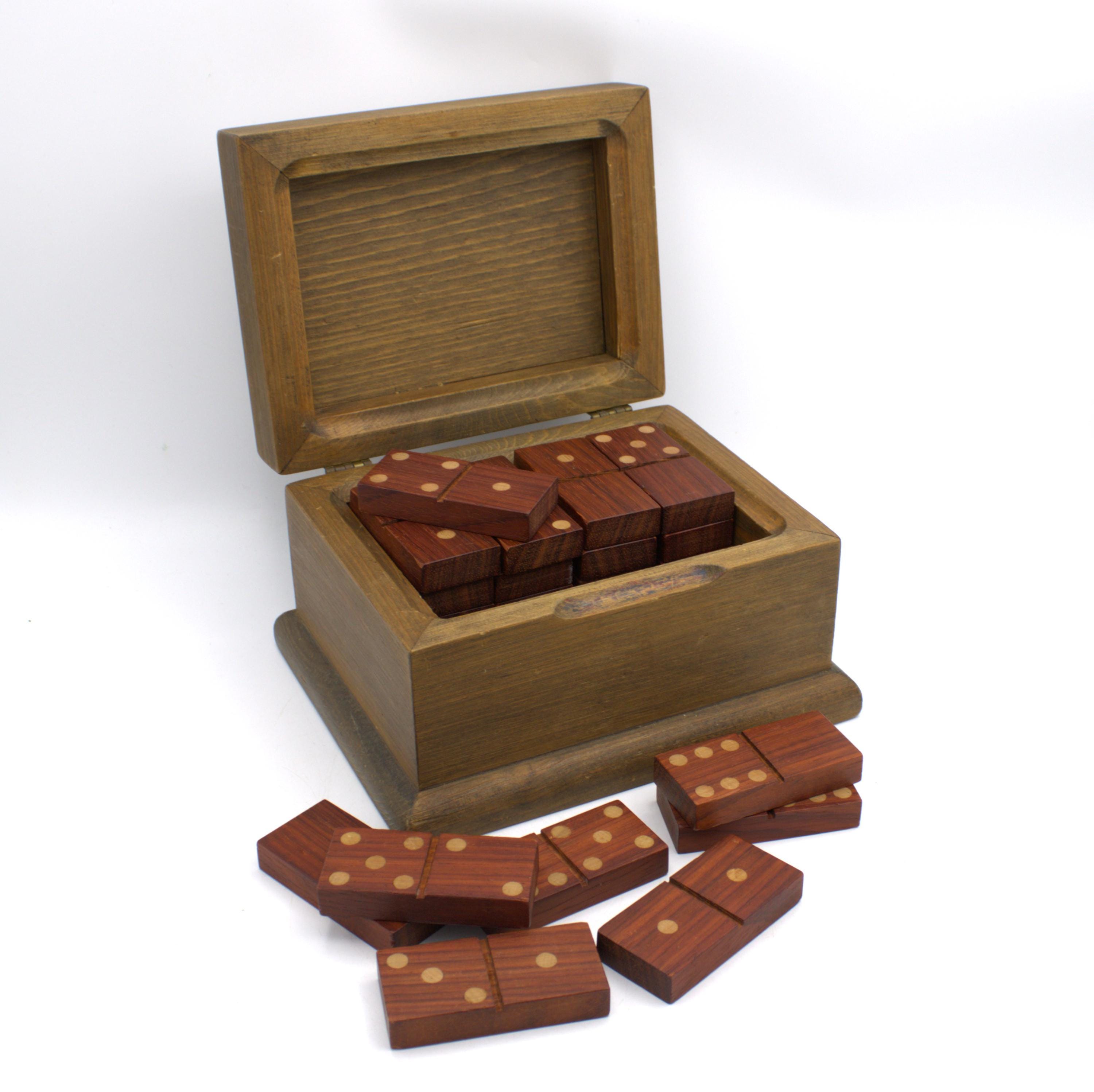 Vintage Dominoes Set Wooden Case 28 Solid Redwood Inlay Tiles