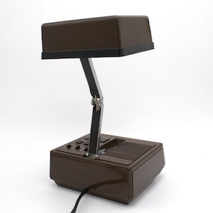 Vintage 1970s digital alarm clock table lamp red LED lighted display folding nightstand desk lamp brown woodgrain mod design Cosmo Time image 11