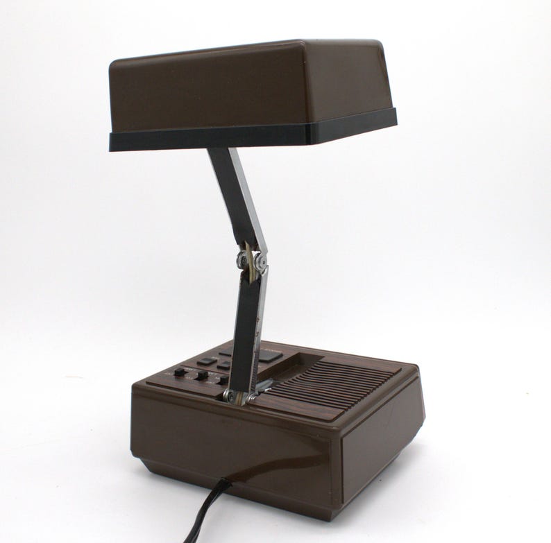 Vintage 1970s digital alarm clock table lamp red LED lighted display folding nightstand desk lamp brown woodgrain mod design Cosmo Time image 11