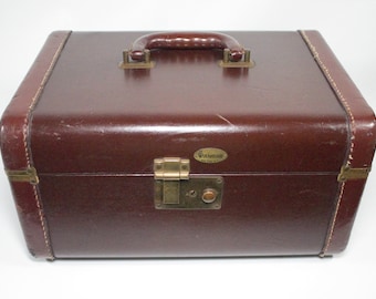 Vintage train case suitcase dark brown leather brass red satin lining small travel hard case cosmetic toiletries makeup Maximillion NY