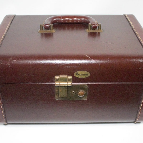 Vintage train case suitcase dark brown leather brass red satin lining small travel hard case cosmetic toiletries makeup Maximillion NY