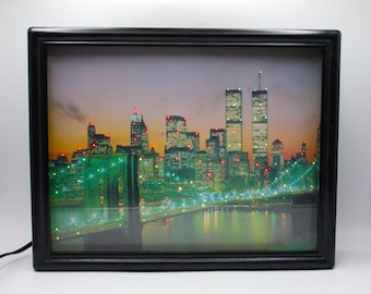 Vintage wall light New York skyline Twin Towers Brooklyn Bridge lighted wall art NY