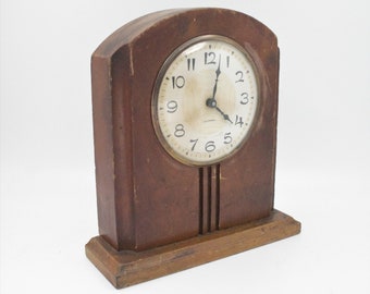 Vintage Gilbert clock Art Deco wooden mantle analog wind up brass glass dome solid wood block home decor