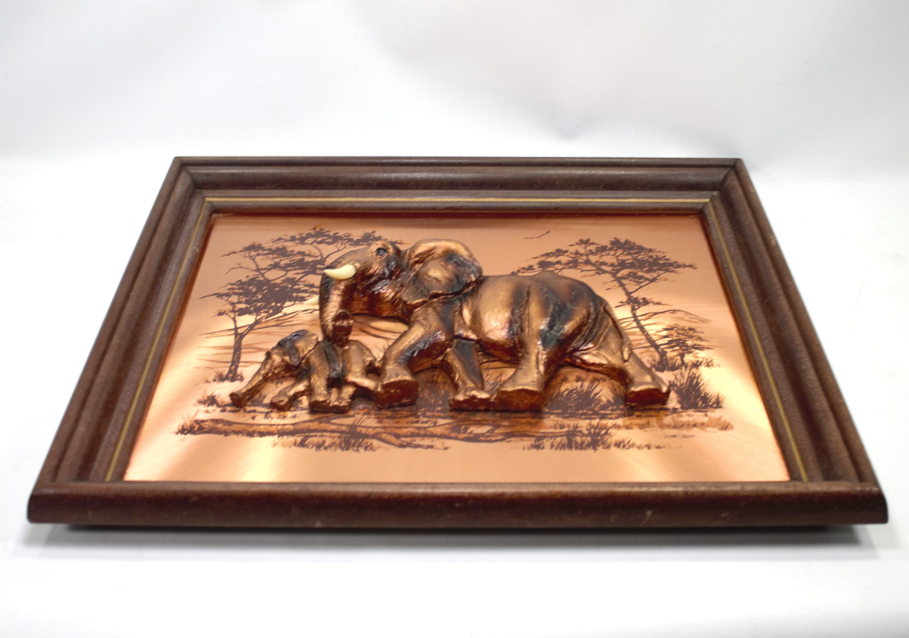Vintage 1970s Copper Wall Art African Tusked Elephants 3D