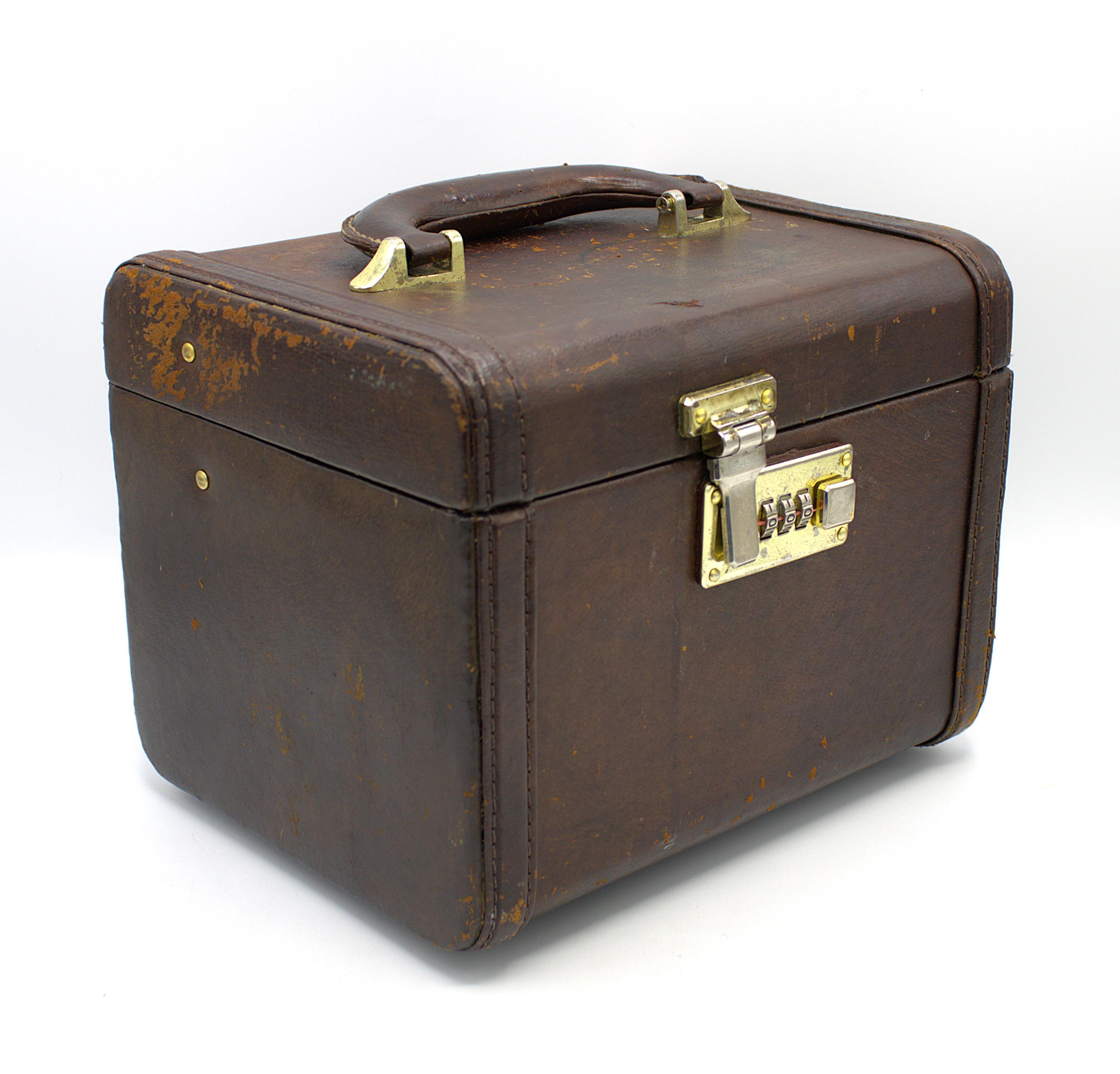 Vintage Train Case Mid-century Art Deco Style Leather With Brass