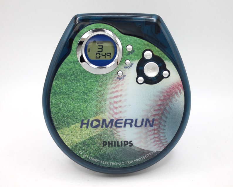 Vintage CD player stereo personal audio digital compact disc LCD blue Homerun Baseball edition Phillips with headphones image 6