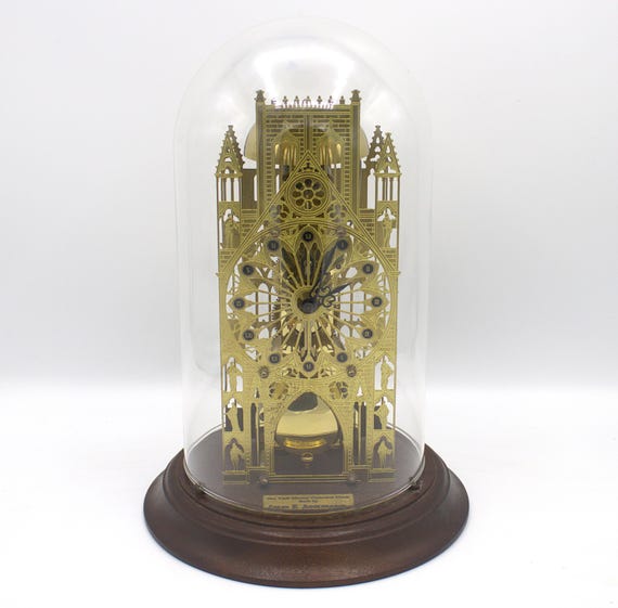 Vintage Brass Gothic Cathedral Clock Glass Dome Pendulum Bell Tone