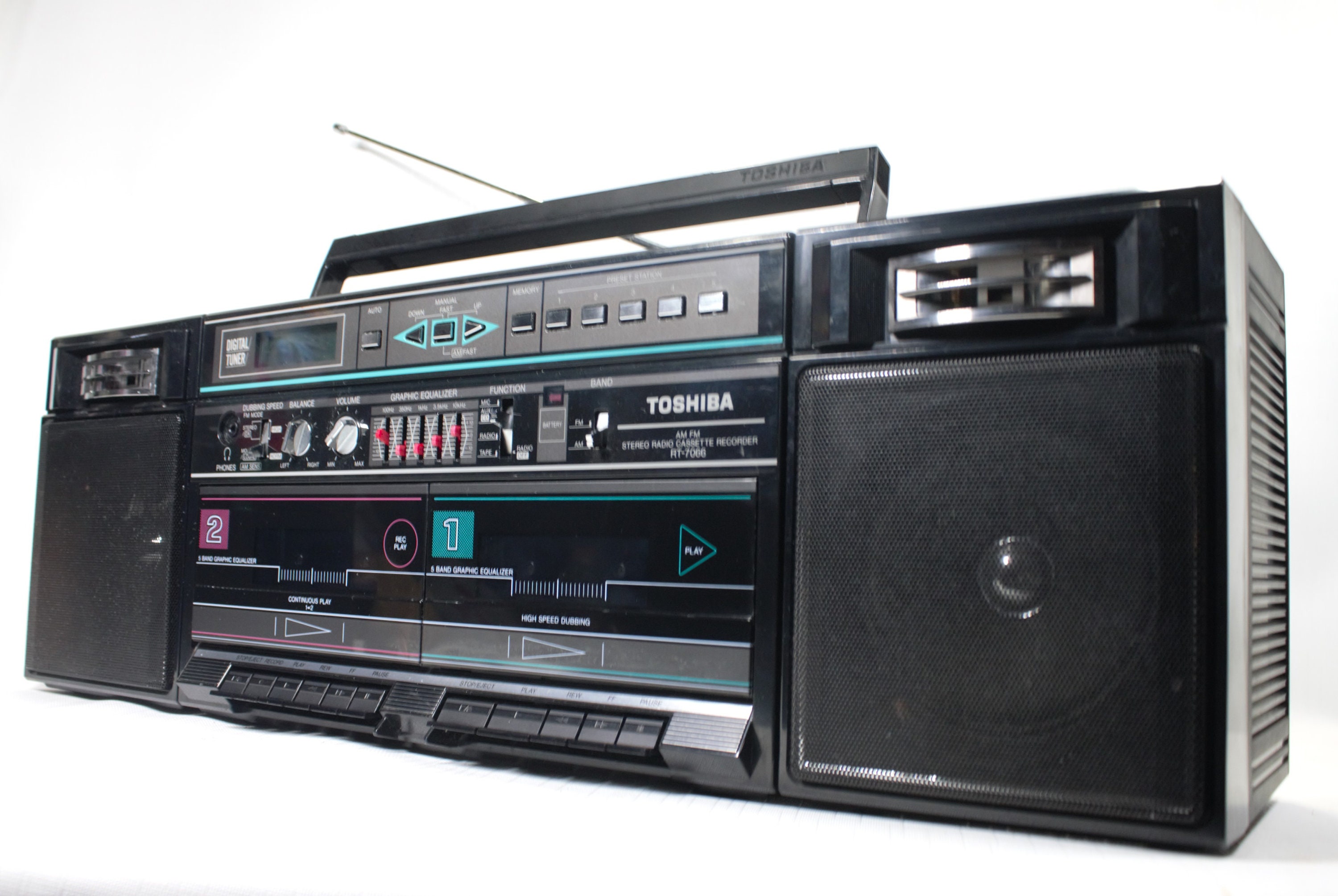 Vintage 80s Boombox Stereo Dual Cassette Tape Player Recorder LCD