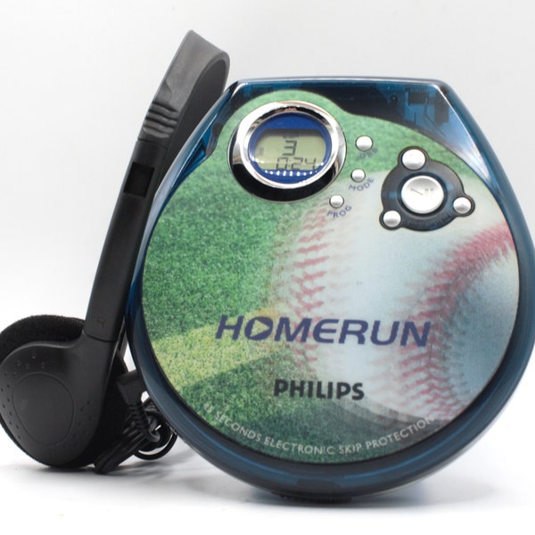 Vintage CD player stereo personal audio digital compact disc LCD blue Homerun Baseball edition Phillips with headphones