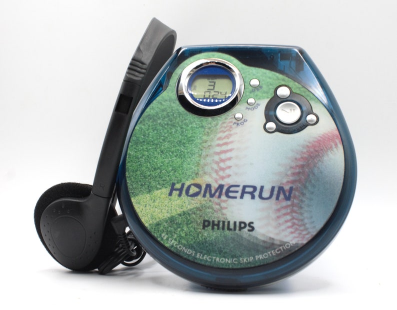 Vintage CD player stereo personal audio digital compact disc LCD blue Homerun Baseball edition Phillips with headphones image 1