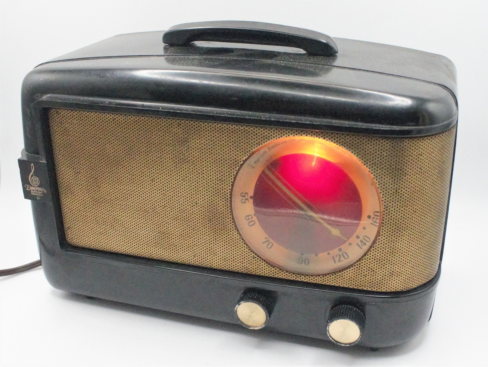 Vintage 1950s Lighted Red Dial Tube Radio Portable AM Receiver Emerson ...