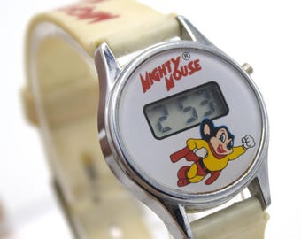 Vintage 1980s Mighty Mouse Digital Watch Chrome Case LCD Quartz