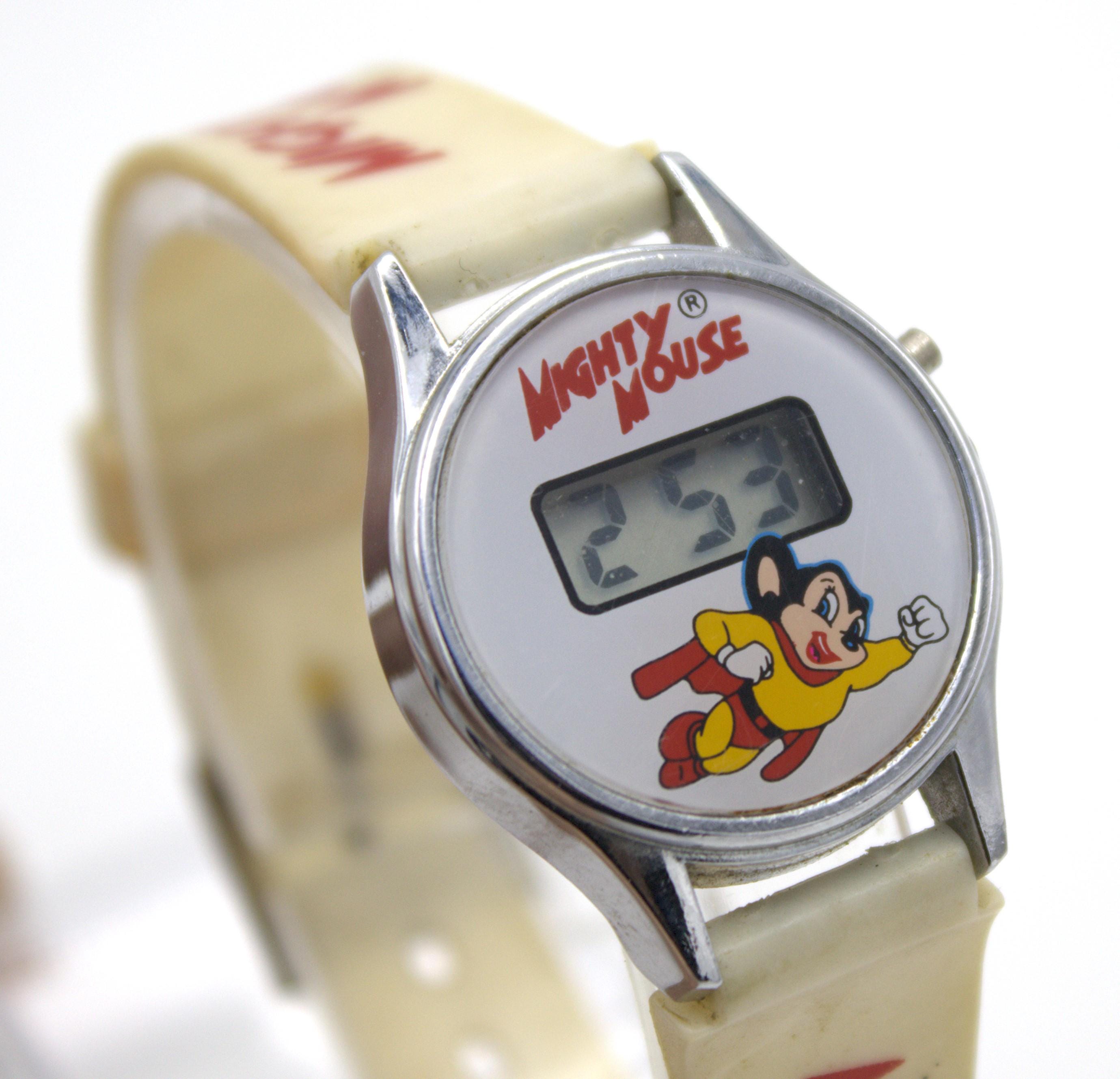 Vintage 1980s Mighty Mouse Digital Watch Chrome Case LCD Quartz 