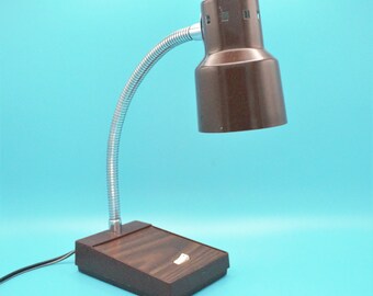 Vintage 1970s mod desk lamp chrome gooseneck positionable brown metal shade woodgrain base office nightstand desktop work lighting Mobilite