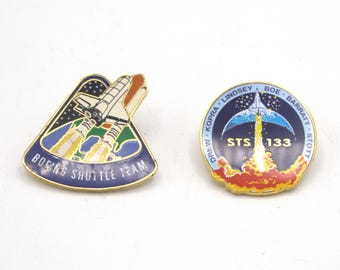 Vintage 1980s Space Shuttle Boeing enamel brass pin set STS-133 Shuttle Team astronaut flight crew rocket booster launch
