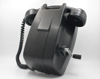 Vintage Bakelite wall mount crank phone all original hanging headset sleek streamline art deco design landline telephone