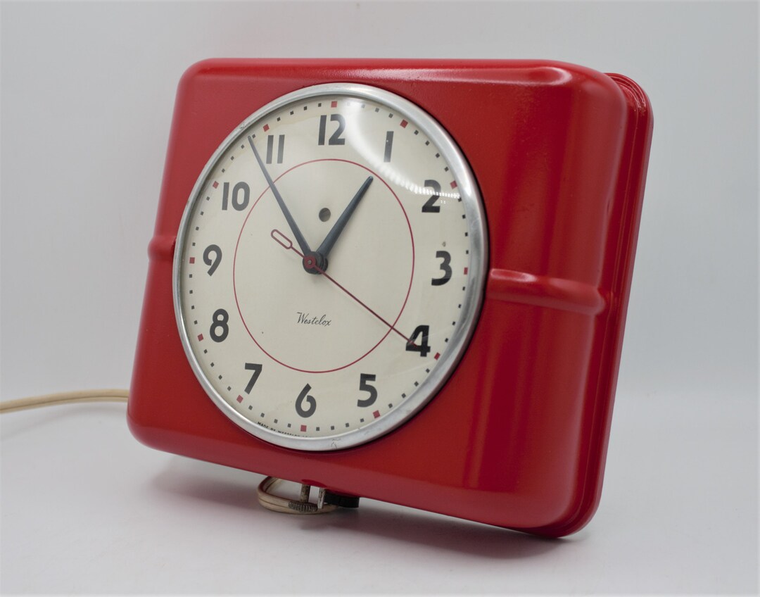 Vintage Art Deco Wall Mount Clock Bright Red and White Etsy