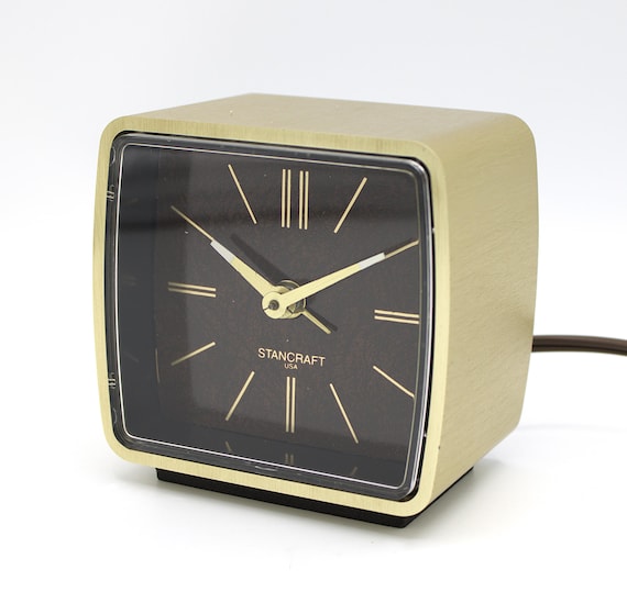 Vintage Stancraft 1970s Mod Alarm Clock Polished Brass Dark Brown